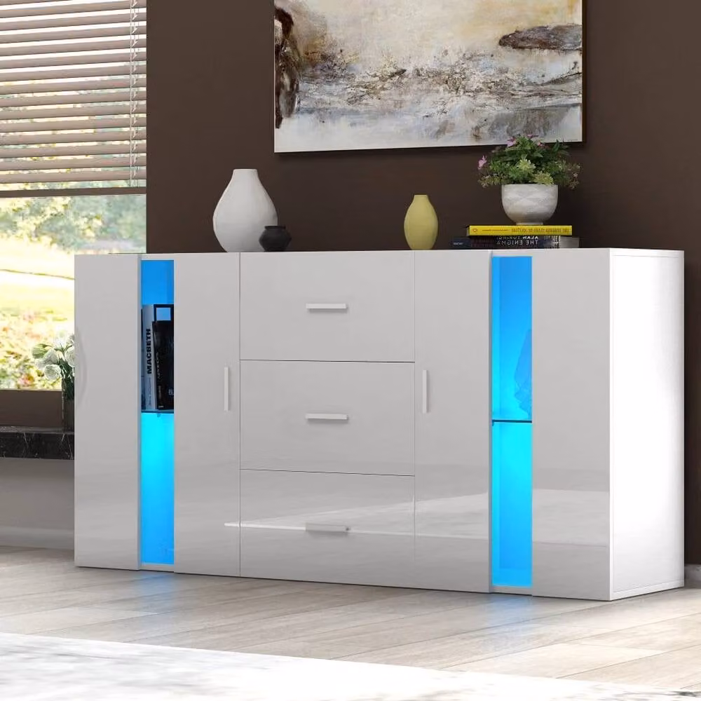 KORVIXA Modern White Wooden Sideboard and TV Stand with 2 Doors and 3 Drawers, W/D/H: 100 x 100 x 100 cm – 3