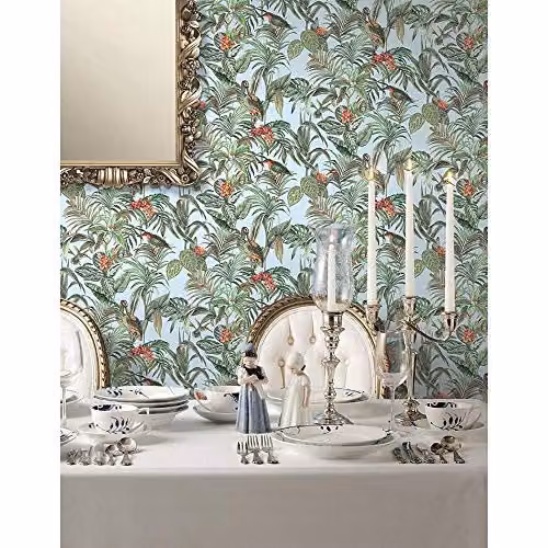 Embellish 2023 Bird of Paradise Aqua Floral Non-Woven Wallpaper, Blue and Multicolour, W: 0.53 m, L: 10 m – 2