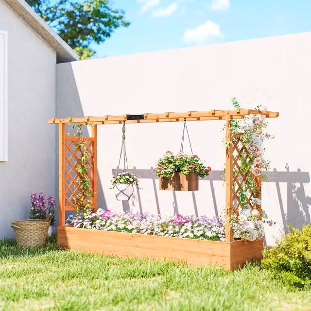 OUTSUNNY Wooden Raised Garden Bed with Trellis in Natural Brown, W: 200 cm, D: 44 cm, H: 113.5 cm