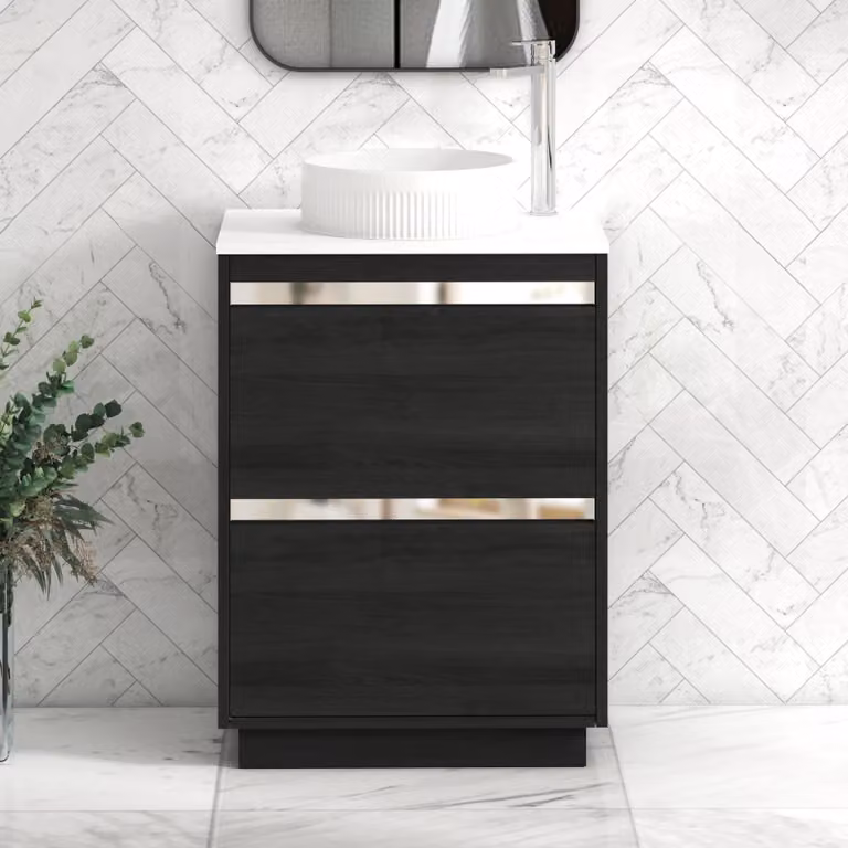 Royal Bathrooms Orion 600mm Hale Black and White Floor Standing Vanity Unit with 2 Drawers, Round Basin and Chrome Accent Trim