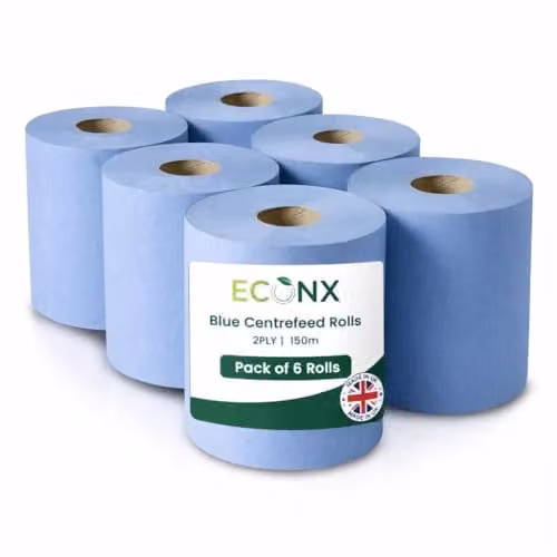 ECONX Blue 2-Ply Paper Centrefeed Rolls, 150m, Pack of 6 – 1