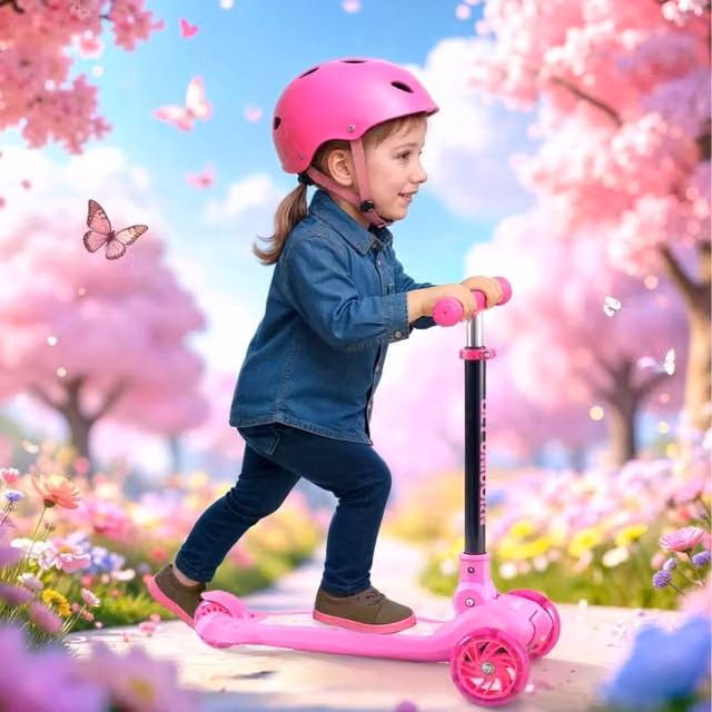 FableKids Pink Childrens LED Scooter with Height Adjustable and Foldable Features