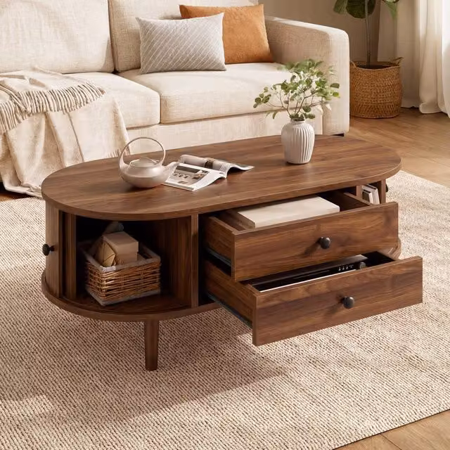 BTM Retro Oval Coffee Table with Sliding Doors, 2 Drawers and Wood Legs in Walnut Brown – 1