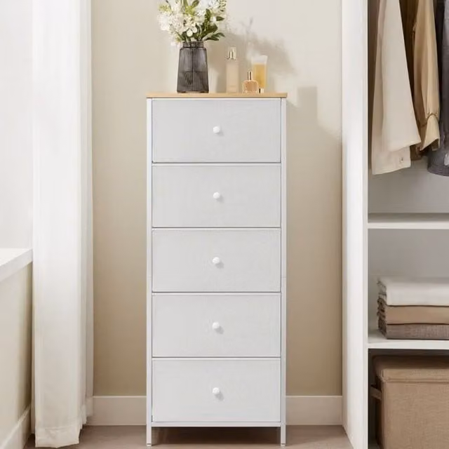 SONGMICS Slim Chest of Drawers with 5 Fabric Drawers and Metal Frame in White