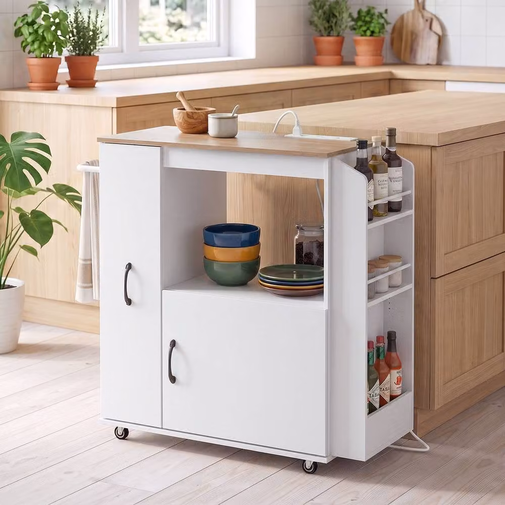 HOMCOM White Rolling Kitchen Trolley with Power Outlet