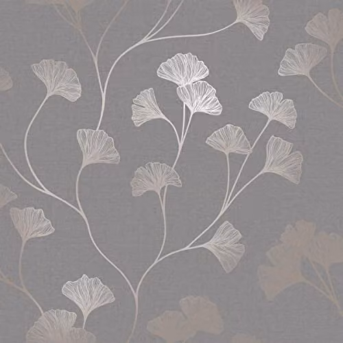 Holden Decor Glistening Gingko Paper Wallpaper in Dark Grey and Rose Gold, 10.05 m x 0.53 m