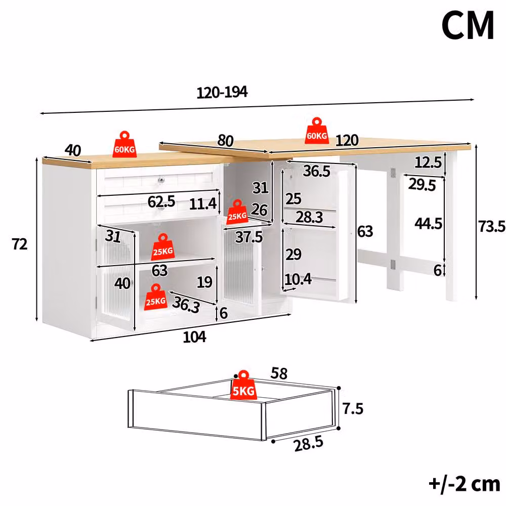 Merax White Extending Kitchen Island Dining Table with Glazed Doors – 2