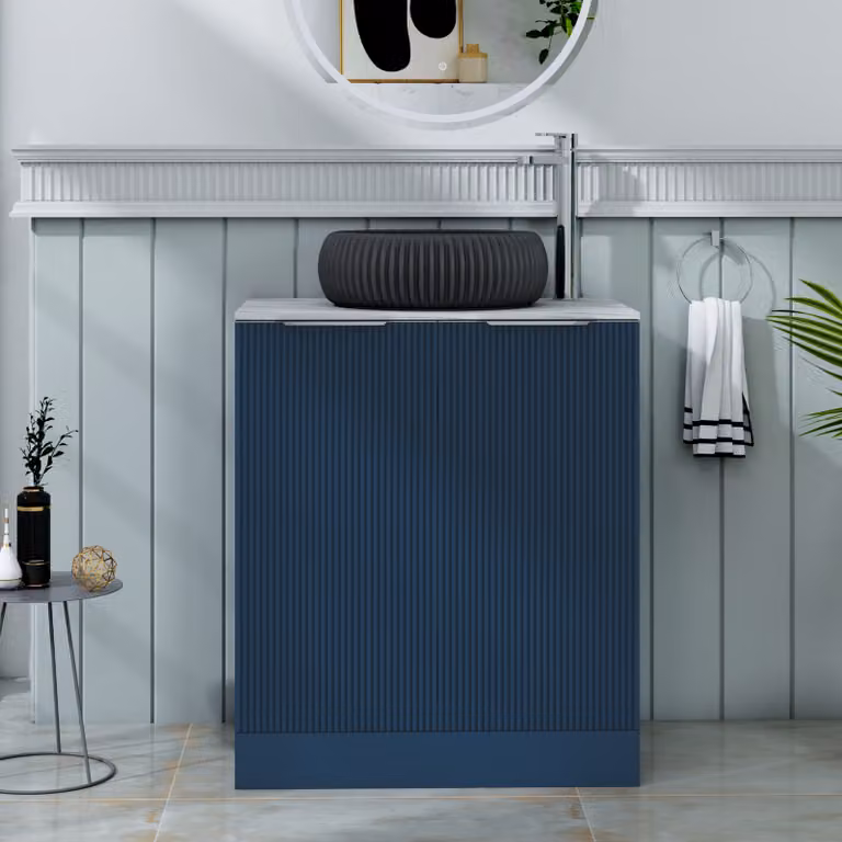 Royal Bathrooms Evora Midnight Blue Fluted Floor Standing 2 Door Vanity Unit with Milan Black Stone Basin