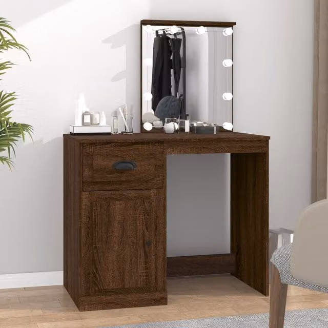 Berkfield Home Modern Dressing Table with LED in Brown Oak, W/D/H: 90 x 50 x 132.5 cm – 1