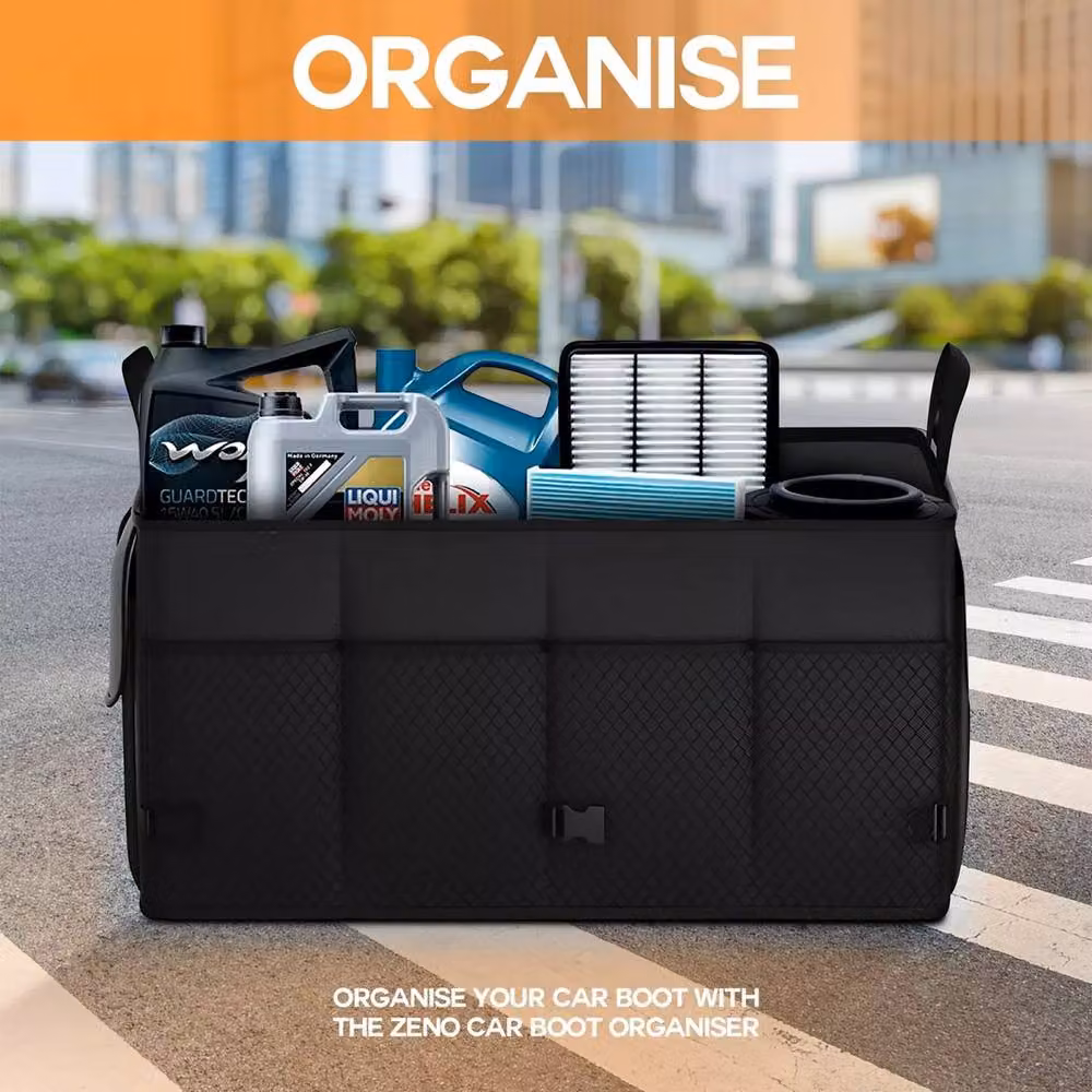 SPETLEK 2-in-1 Premium Collapsible Car Boot Organiser in Black – 3