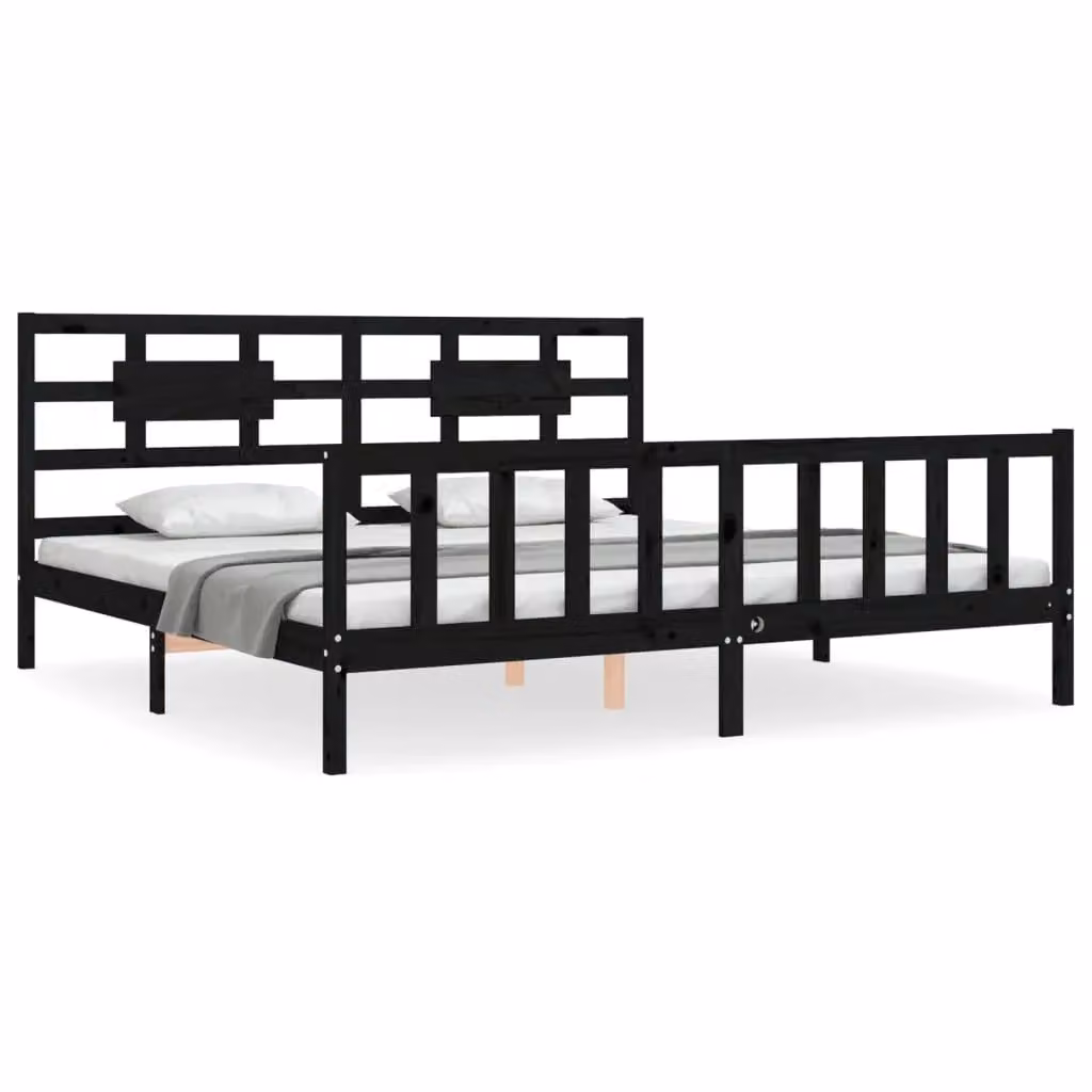 Berkfield Home Solid Wood Pine Bed Frame with Headboard in Black, 200 x 200 cm – 2