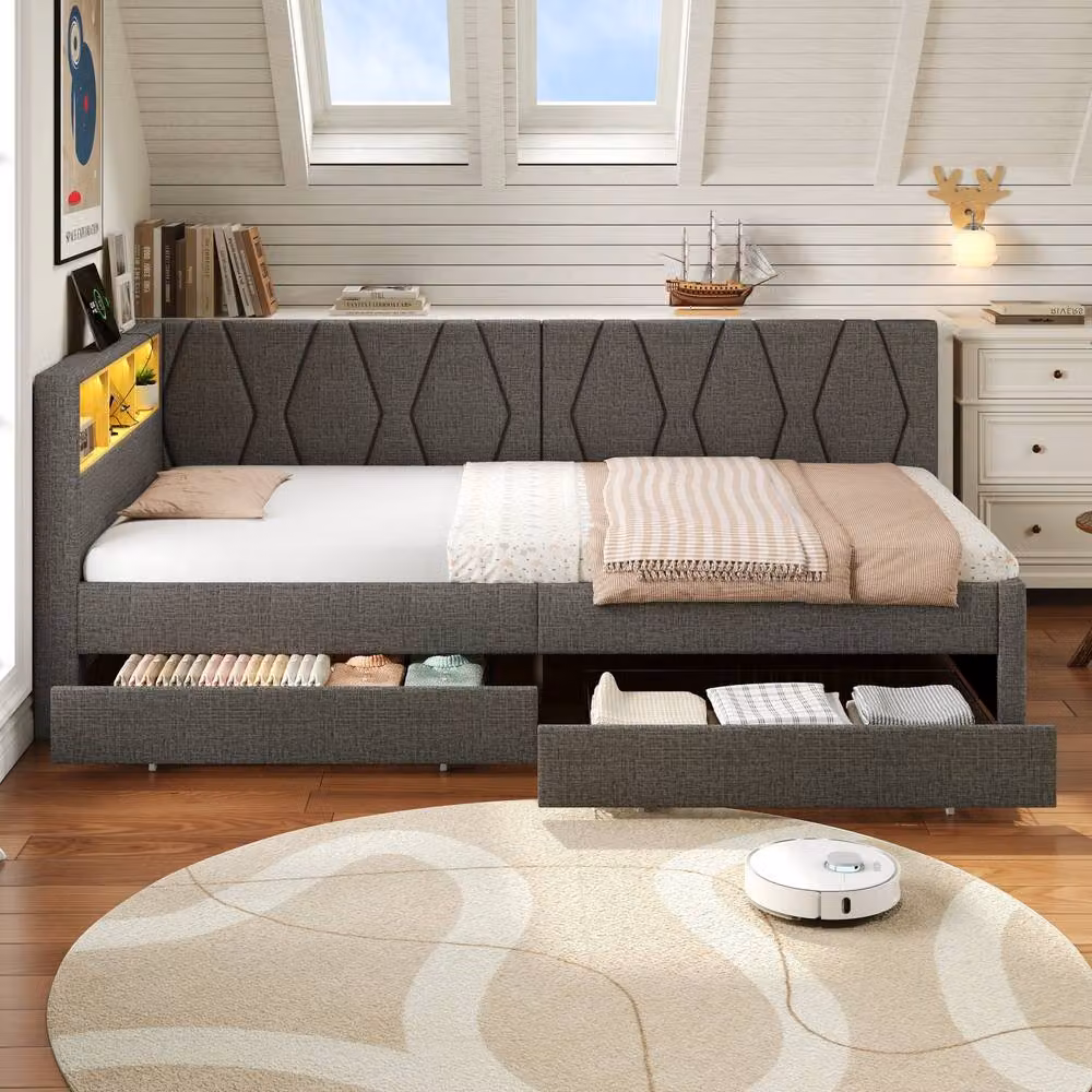Merax Grey Single Daybed Sofa Bed with 2 Drawers and LED Storage Headboard featuring USB Charging Port and Bedside Shelf, W/D/H: 90 x 190 x 91.44 cm – 3