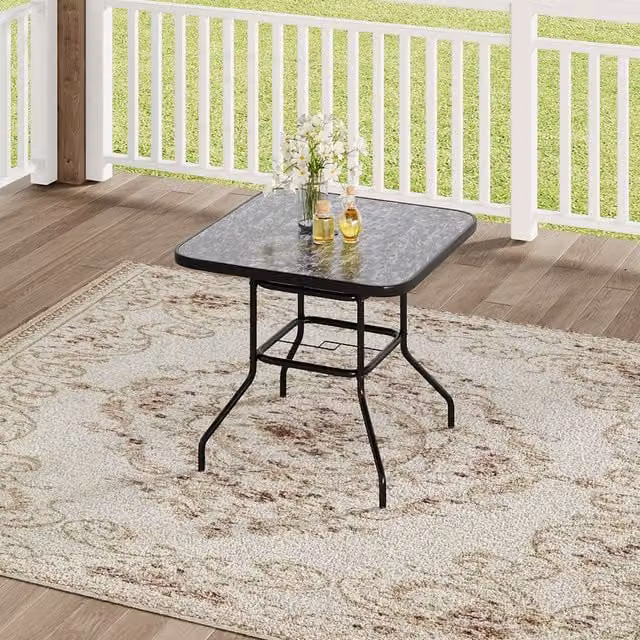 Komore Black Marble Effect Square Tempered Glass Garden Patio Table