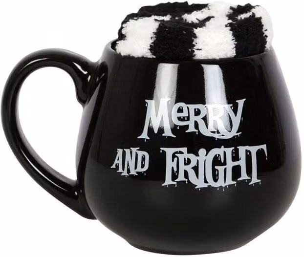 KDMD Merry & Fright Unisex Mug and Striped Socks Set in Black and White