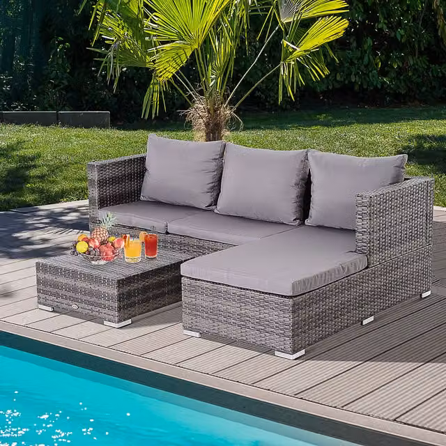 Outsunny 3 Piece Grey PE Rattan Reclining Sofa Set with 2 Loveseats