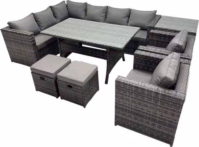 Fimous 10-Seater Outdoor PE Rattan Sofa and Dining Set in Dark Grey Mixed