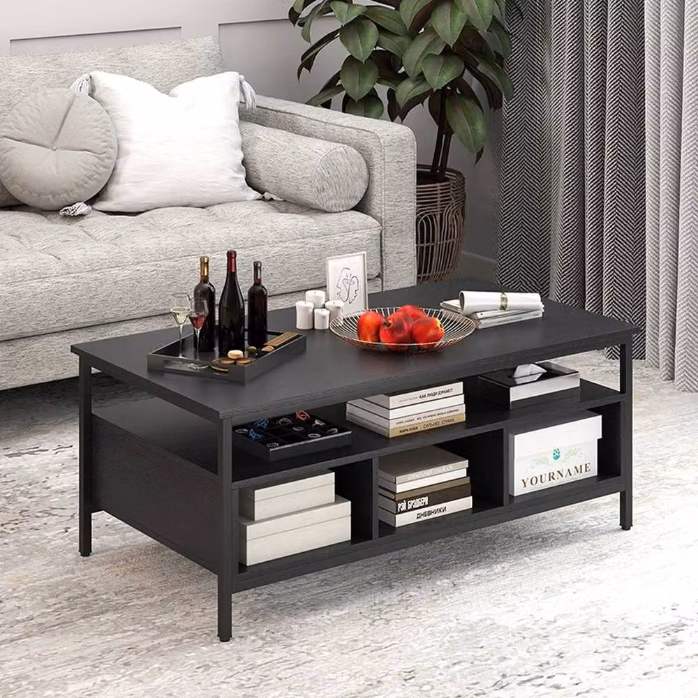KORVIXA Industrial 3-Tier Square Coffee Table in Black, W/D: 100 x 100 cm – 3