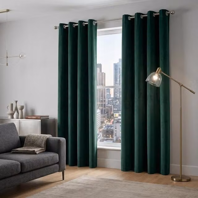 Livinluxury Green Velvet Chenille Eyelet Ring Top Curtains, Width: 183 cm
