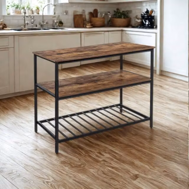 Pirlo Plush Industrial 3 Tier Kitchen Storage Island with Shelves in Brown and Black, W/D/H: 120 x 60 x 30 cm – 1