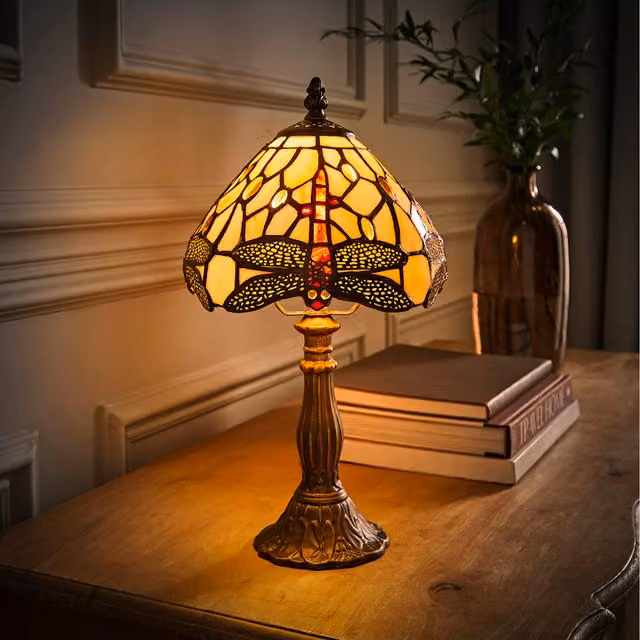 ValueLights Tiffany Style Dragonfly Multicolour Glass Table Lamp with Brass Base