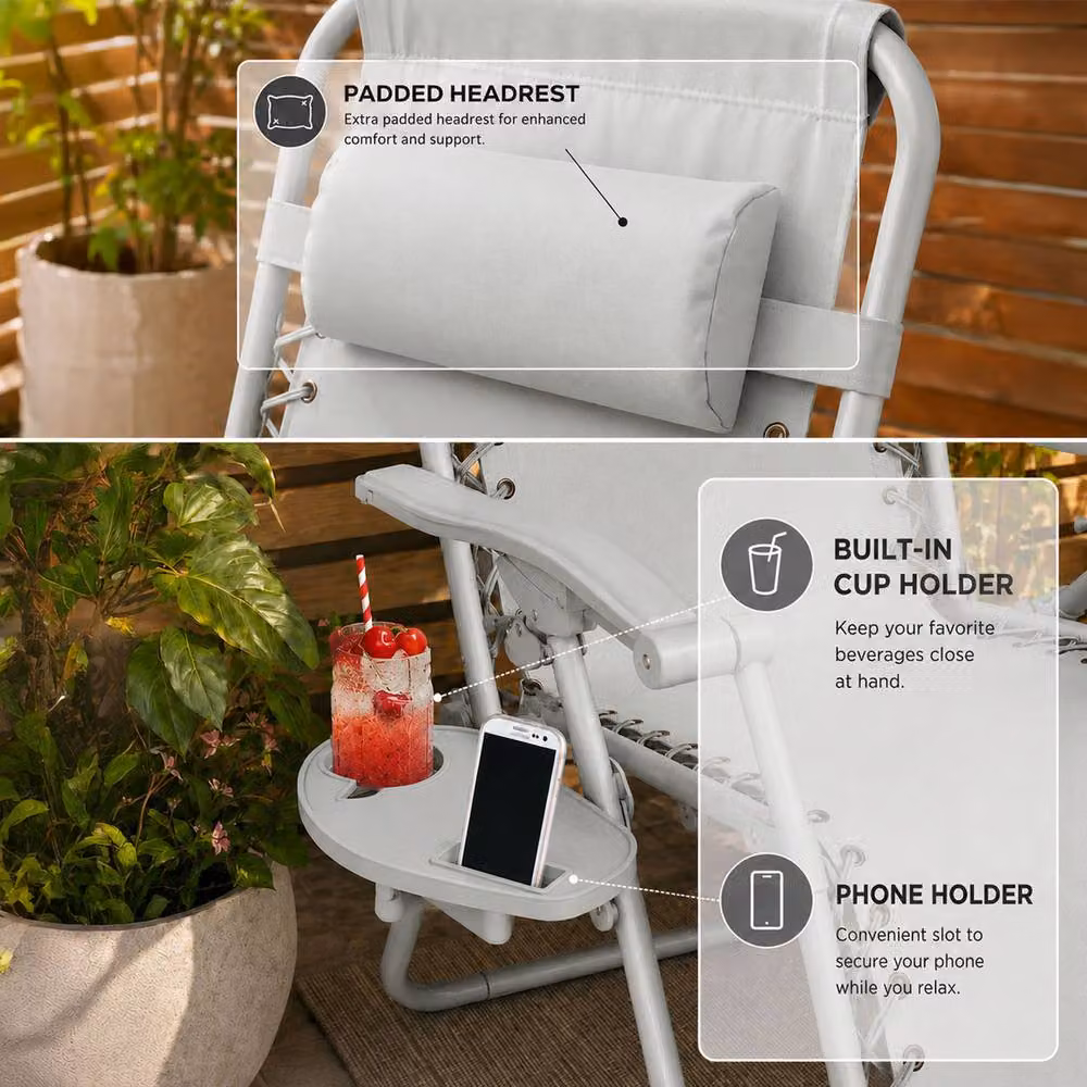 Neo Zero Gravity Recliner Garden Sun Loungers in Light Grey with Adjustable Headrest and Side Tray – 4