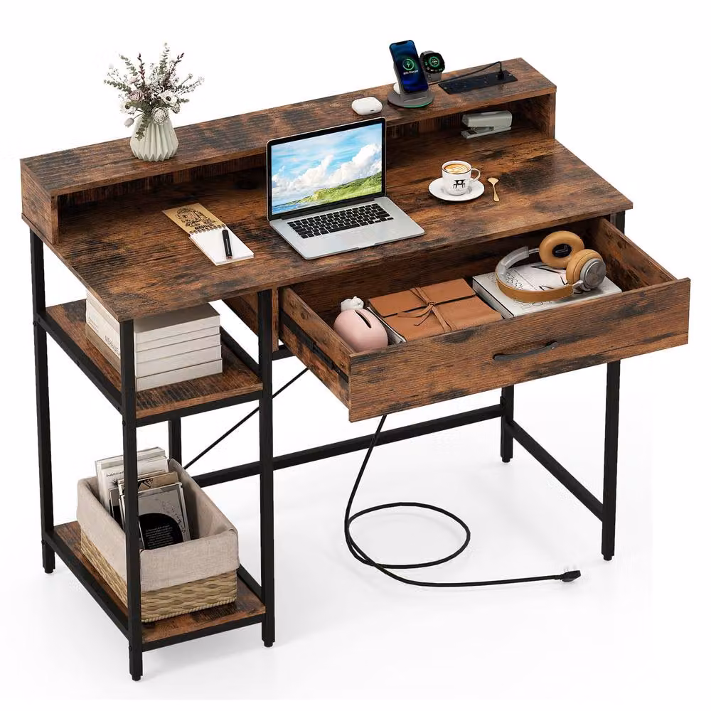 Costway Modern Wooden Computer Desk with Shelf in Brown – 3