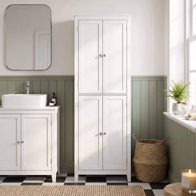 HOMCOM White Modern Freestanding Bathroom Storage Cabinet with Hinged Doors and Internal Shelves, Height: 170 cm