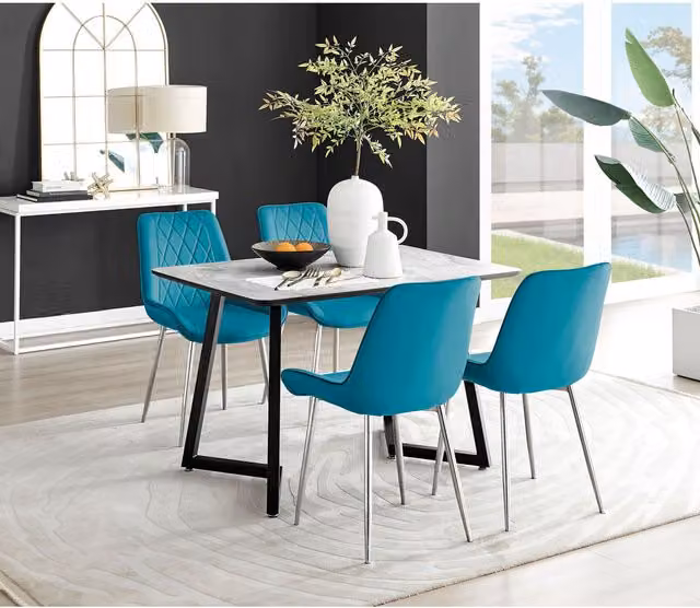 FurnitureboxUK Carson White Marble Effect Dining Table and 4 Pesaro Silver Chairs in Blue
