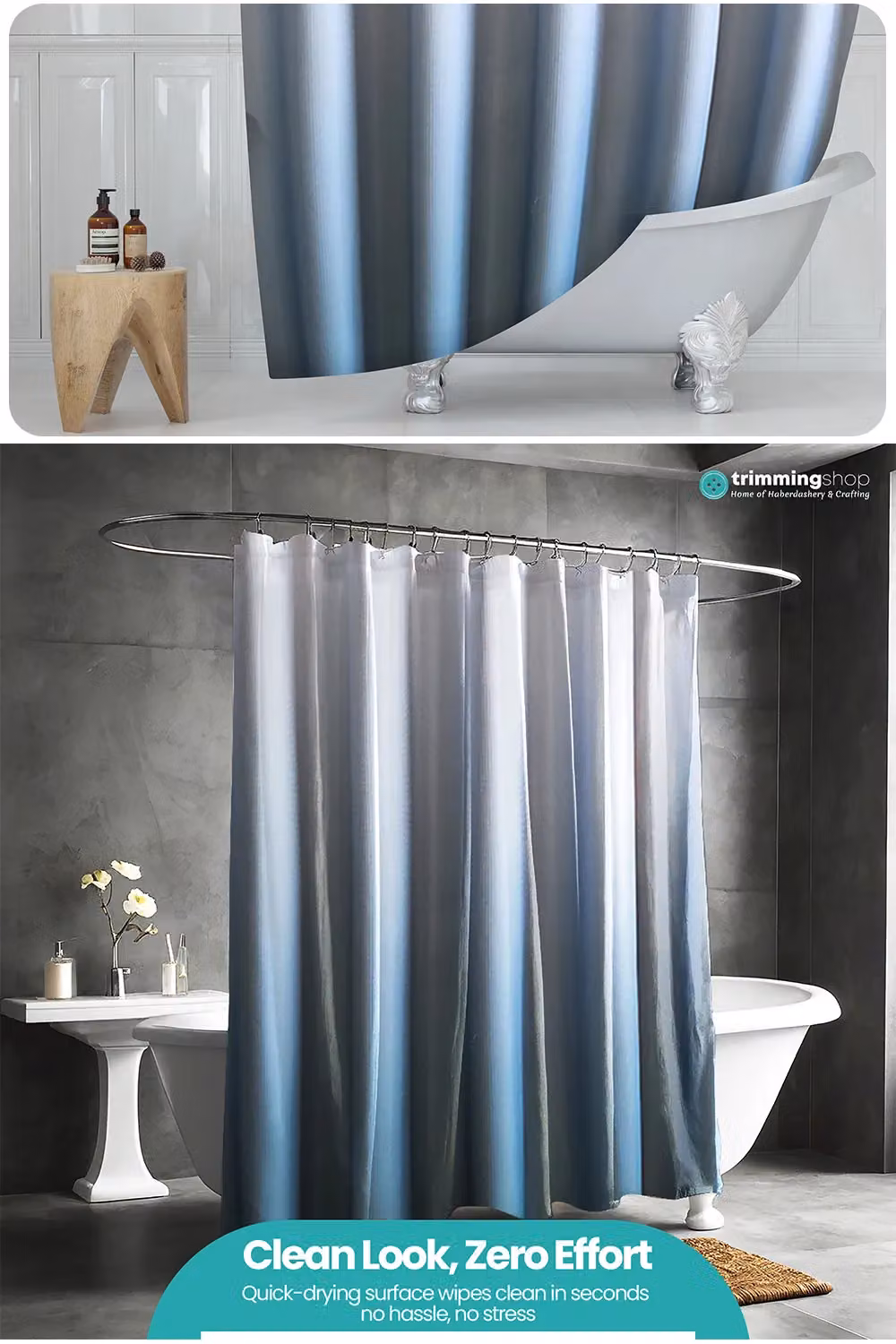Neel Blue Gradient Blue Polyester Bathroom Shower Curtain with 12 Hooks, Mould and Mildew Resistant, W: 180 cm, H: 200 cm – 5