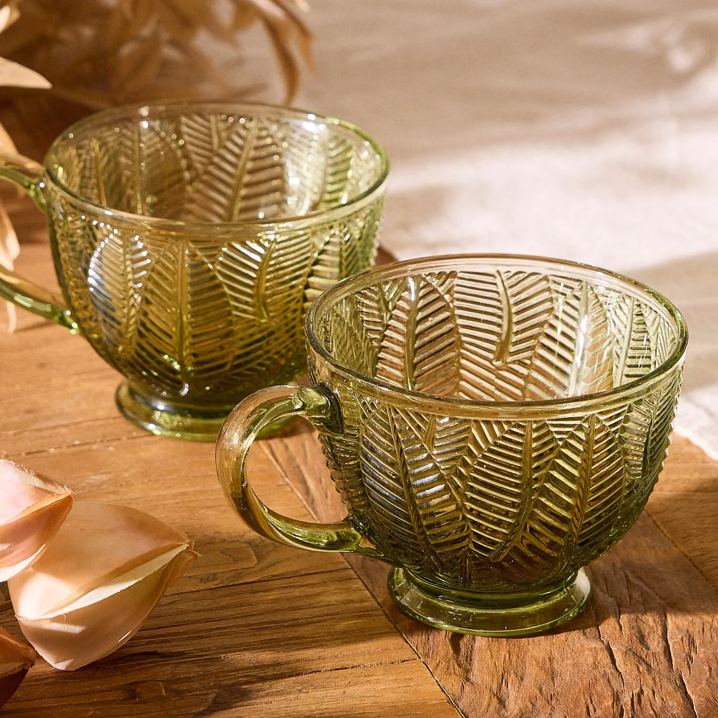 Dibor Set of 4 Floral Green Botanical Leaves Glass Afternoon Tea Cups – 3