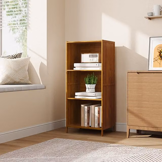 Livingandhome Modern Corner Bamboo Bookcase in Brown and Multicolour, Height: 97 cm