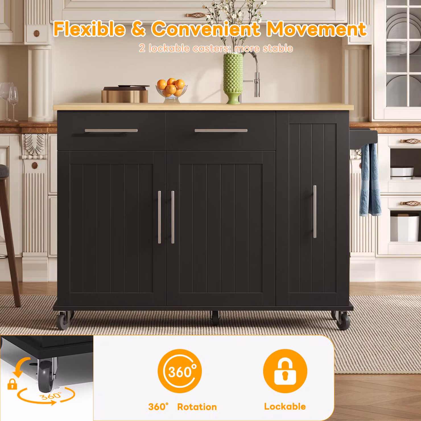 Aosom UK Modern Kitchen Trolley with Drop Leaf and Pull-Out Organiser in Black and Natural, W: 120 cm, D: 40 cm, H: 90 cm – 4
