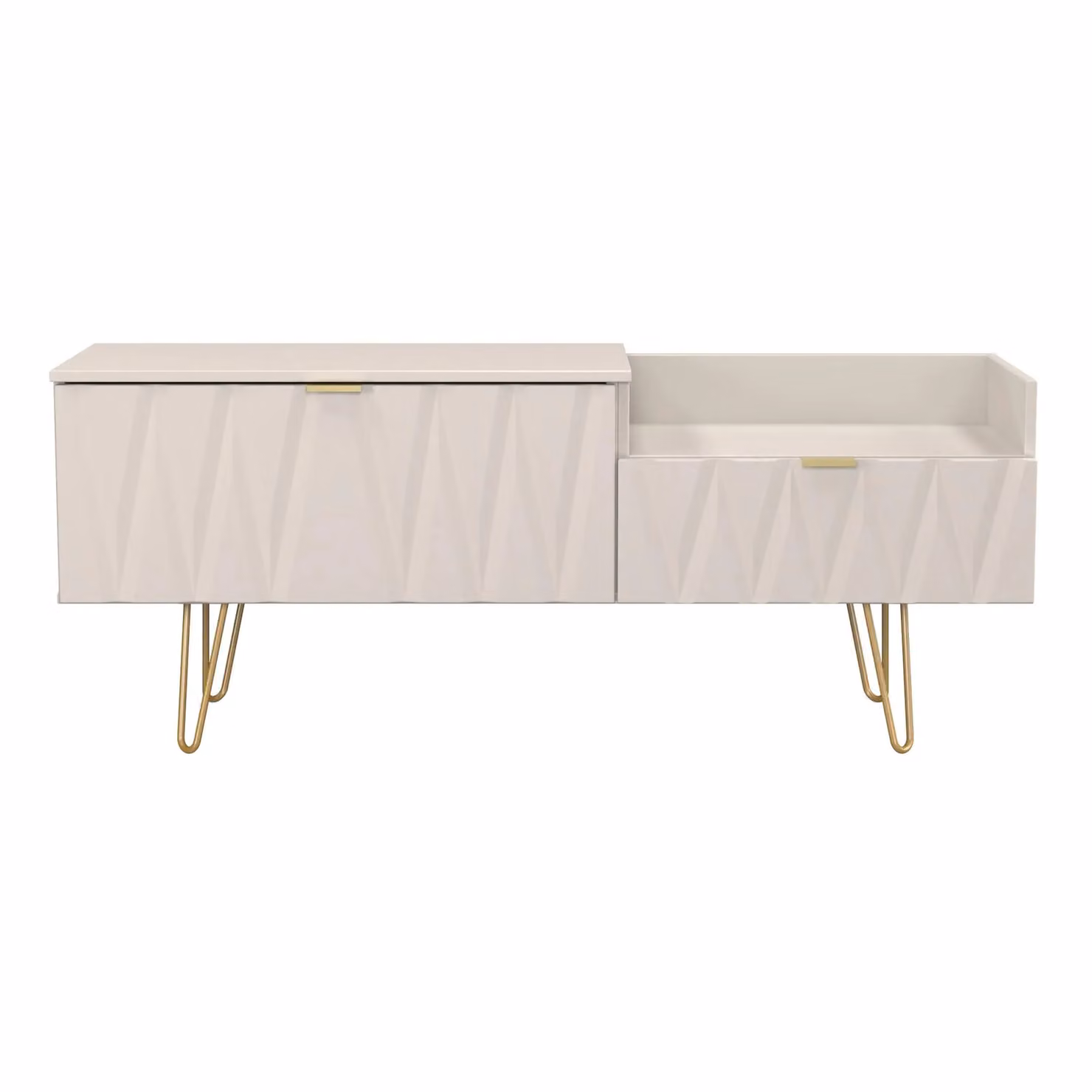 Ready Assembled 2 U Dallas 2 Drawer Coffee TV Unit in Taupe with Gold and Beige Metal Accents – 2