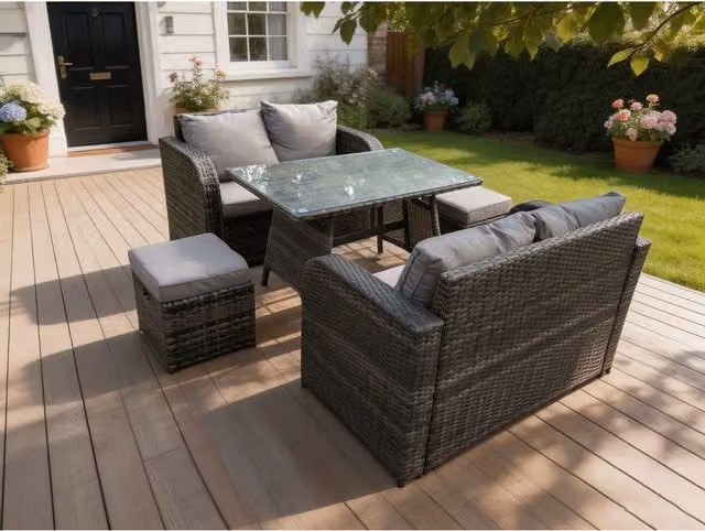 Fimous Rattan Garden Furniture Set with Oblong Dining Table and Love Sofa in Dark Grey