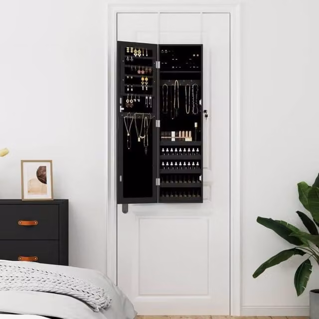 Berkfield Home Wall Mounted Mirror Jewellery Cabinet in Black, W: 30 cm, D: 8.5 cm, H: 106 cm – 1