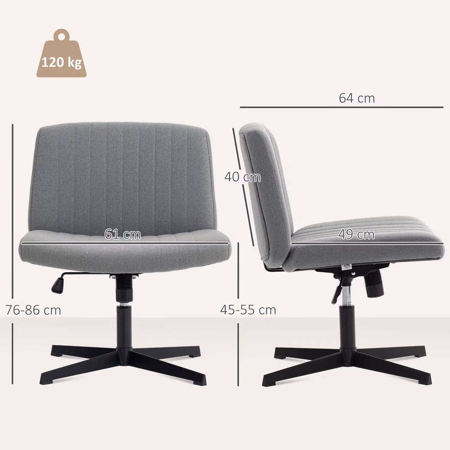 HOMCOM Armless Grey Linen Fabric Office Chair with Wide Seat, Height Adjustable Swivel Task Chair – 3
