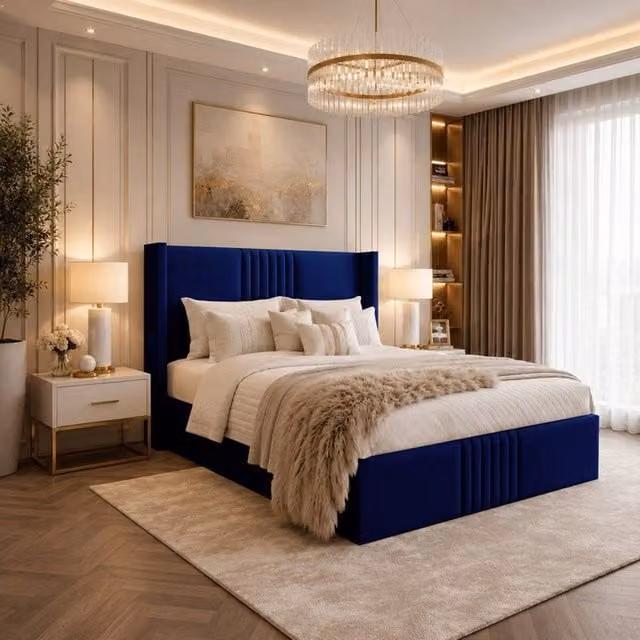 Desire Deco Brookes Wingback Ottoman Storage Bed Frame in Blue Plush Velvet, Double (W: 140 cm, L: 200 cm)