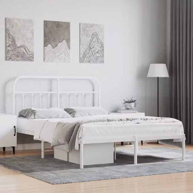 Berkfield Home Metal Bed Frame with Headboard, White, W: 140 cm, L: 200 cm