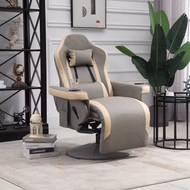 HOMCOM Manual Swivel Recliner Armchair with Ottoman in Grey Synthetic Leather