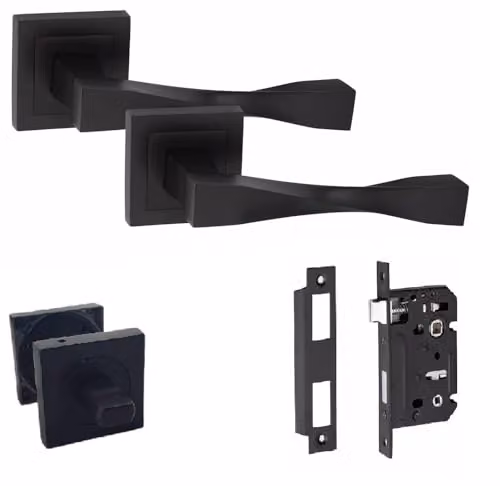Golden Grace Astrid Straight Door Handles with Square Rose Bathroom Set in Matt Black