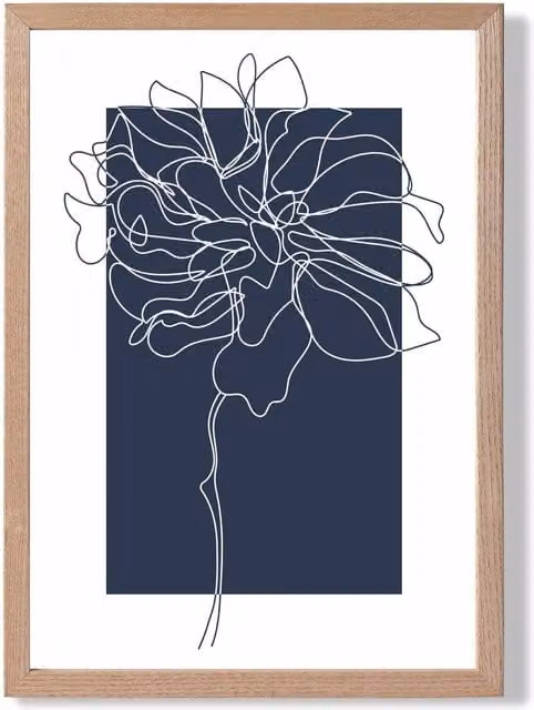 ARTZE Navy Blue and White Abstract Floral Line Art Framed Print with Oak Frame – 1