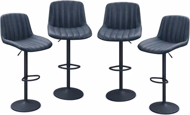 URBNLIVING Set of 4 Ribbed PU Leather Bar Stools with Backrest and Footrest in Blue