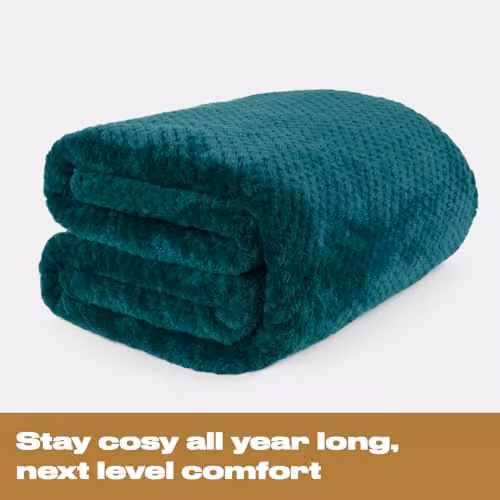 OHS Petrol Blue Fleece Blanket, Fluffy Geometric Waffle Throw, W/D/H: 150 x 200 cm – 5