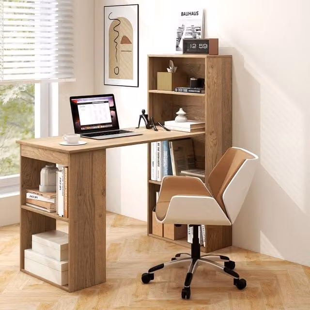 Costway Modern Computer Desk with 6-Tier Bookcase and Storage Shelves, Brown – 1