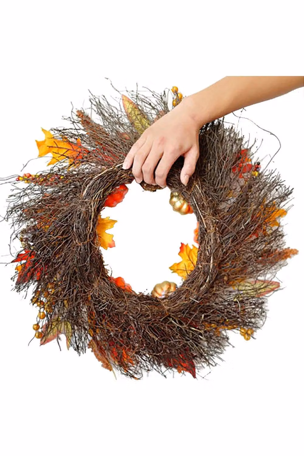 H&O Direct Orange Rattan Autumn Wreath with Maple Leaves, Pumpkins, Berries and 2m Copper Wire Lights, Diameter: 45 cm – 3