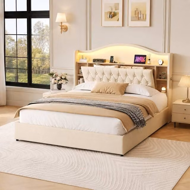 STILVORA King Bed Frame in Beige with Hydraulic Storage, LED Under-Bed Lighting and USB Charging Ports, W/D/H: 180 x 200 cm