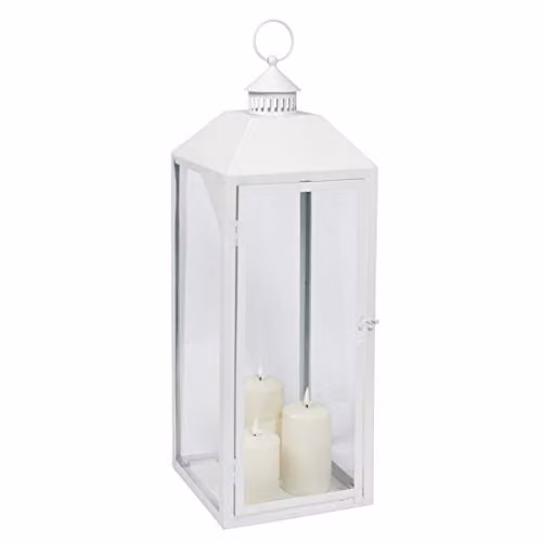 Lights4fun Perth Large White Metal Garden Lantern with 3 TruGlow LED Pillar Candles and Remote Control – 2