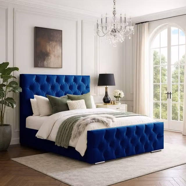 Desire Deco Chesterfield Superking Bed Frame in Blue Velvet Upholstery, W: 200 cm