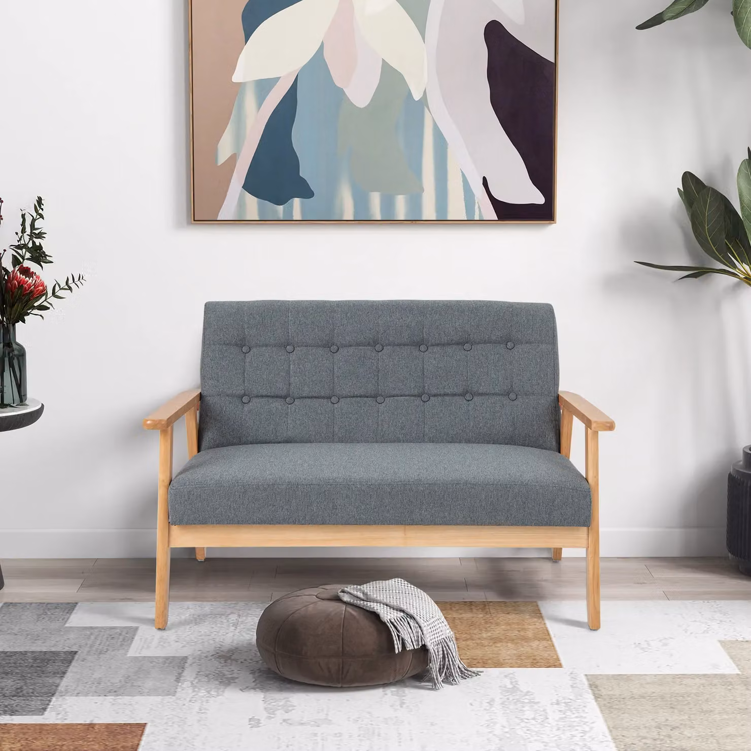 Gymax Grey Linen 2-Seater Loveseat Sofa with Tufted Design and Solid Wood Frame – 7
