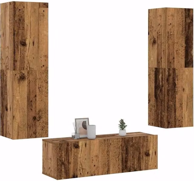 Berkfield Home Set of 3 Modern Wall Mounted TV Cabinets in Brown Old Wood Finish – 1